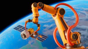 Illustration von einem von der Natur inspirierten Roboterarm zur Satellitenwartung im Weltraum, erstellt durch künstliche Intelligenz.