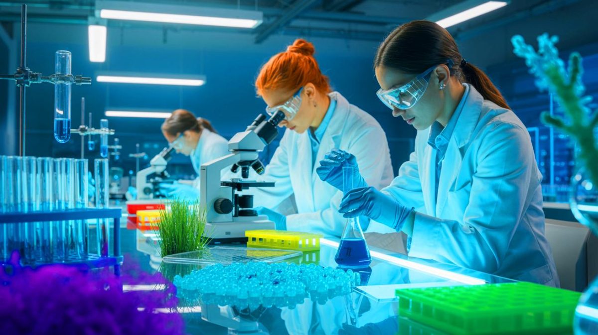 Illustration von der Entwicklung eines stabilen blauen Farbstoffs aus Algen für die Lebensmittelindustrie.