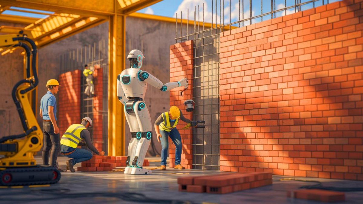 Illustration von der Zusammenarbeit zwischen Mensch und Roboter auf einer klimafreundlichen Baustelle.