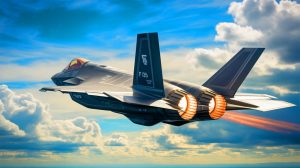 Illustration von einem F135-Triebwerk im Einsatz für die F-35-Kampfflugzeuge.