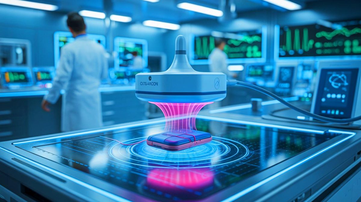 Illustration von der ultraschallbasierten Technologie zur drahtlosen Aufladung implantierbarer medizinischer Geräte.