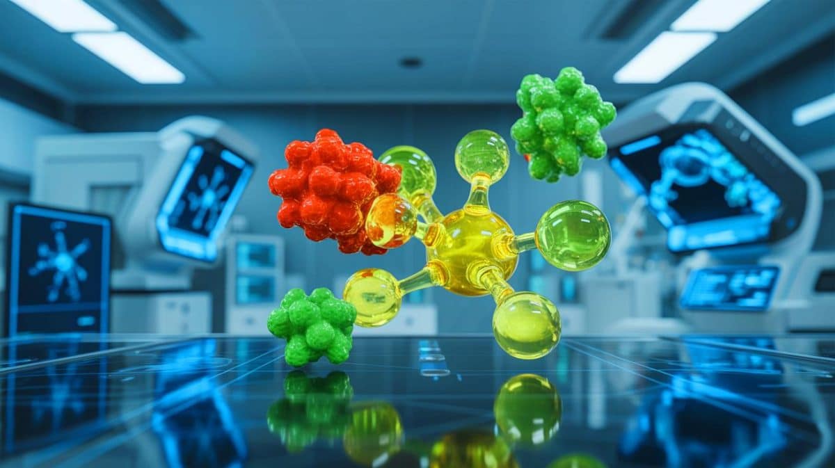 Illustration von der quantenmechanischen Bewegung eines komplexen Moleküls vor seiner Zersetzung.
