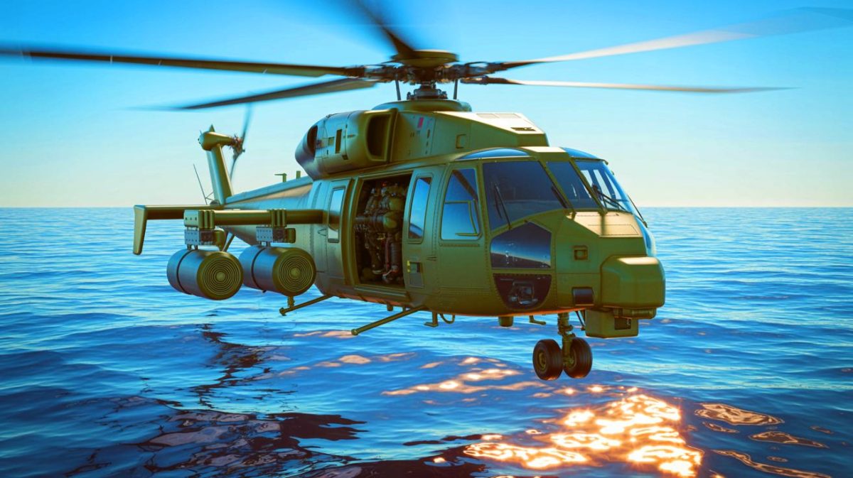 Illustration von Raytheons Multi-Spectral Targeting System MTS-A HD und seiner Anwendung in maritimen Hubschrauberoperationen.