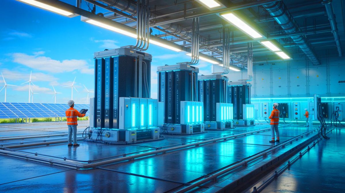 Illustration von der Einführung eines Natrium-Ionen-Batteriesystems zur revolutionären Energiespeicherung.