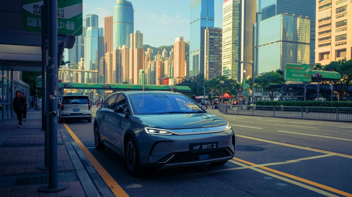 „Preissturz: BYD schockt mit 30% Rabatt auf Elektroautos“ : Chinesischer Hersteller greift Tesla-Kunden an, erste Käufer strömen in Scharen zu den neuen Modellen Illustration von der Konkurrenz zwischen BYD und Tesla im Elektrofahrzeugmarkt.