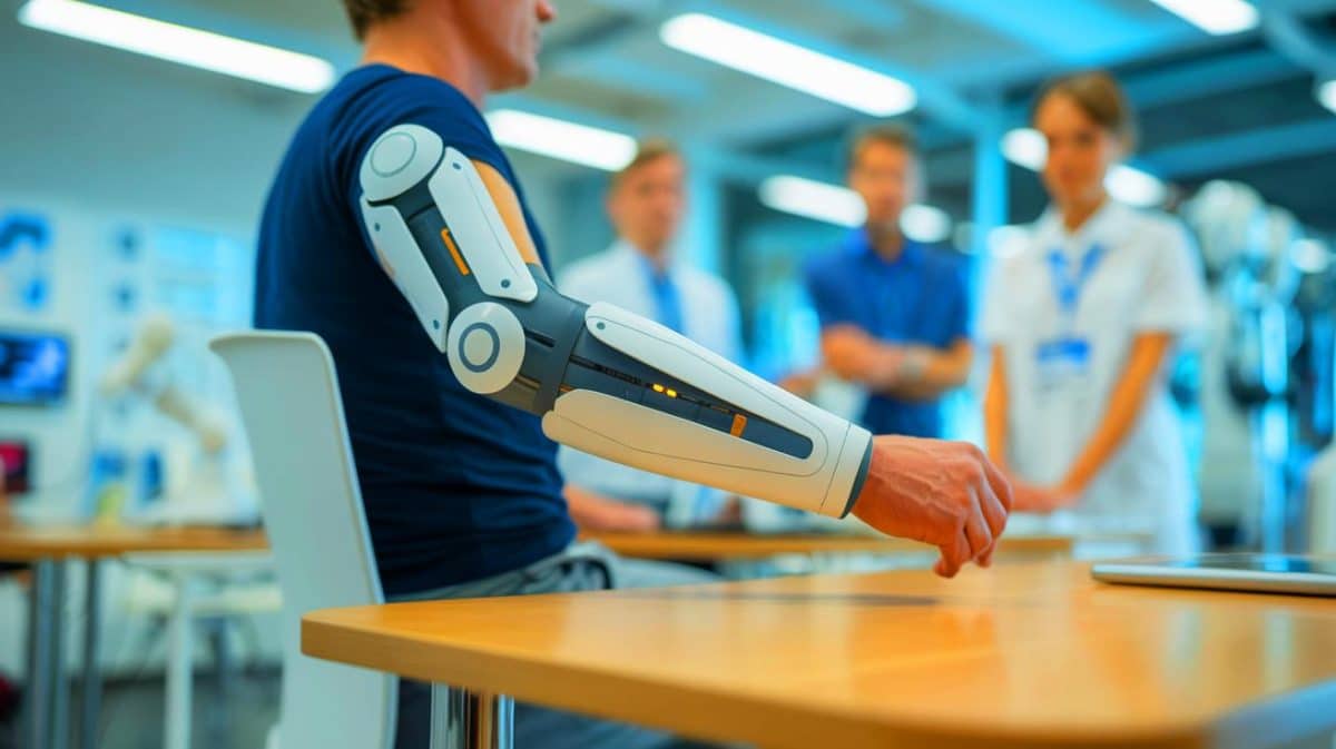 Illustration von einem tragbaren Roboter, der personalisierte Bewegungsunterstützung für Menschen mit motorischen Einschränkungen bietet.