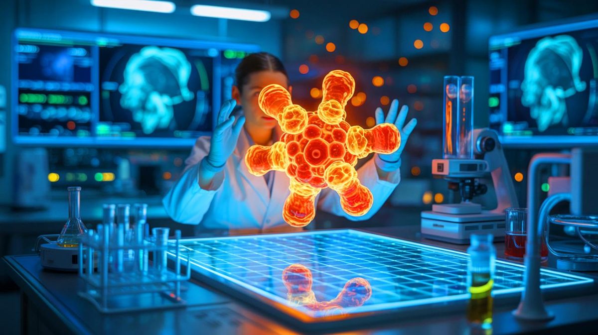 Illustration von der dualen Funktion eines organischen Moleküls in OLED-Technologie und medizinischer Bildgebung.
