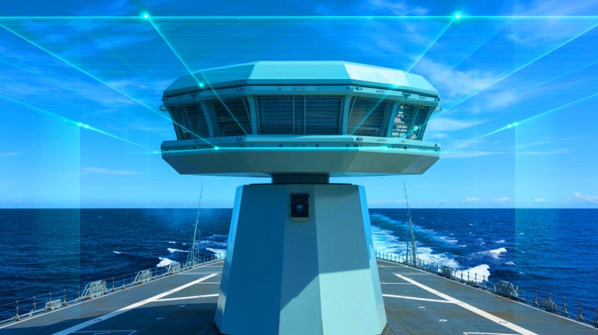 Illustration von Raytheons AN/SPY-6(V)4-Radar in maritimer Testumgebung.