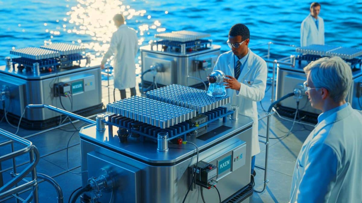 Neuer Meereskatalysator Entdeckt: Revolutionäre Korrosionsbekämpfung Enthüllt Geheimnis Der Nachhaltigen Wasserstoffproduktion In Nur 48 Stunden Illustration von der Nutzung von MXene für korrosionsbeständige Katalysatoren in der Wasserstoffproduktion aus Meerwasser.