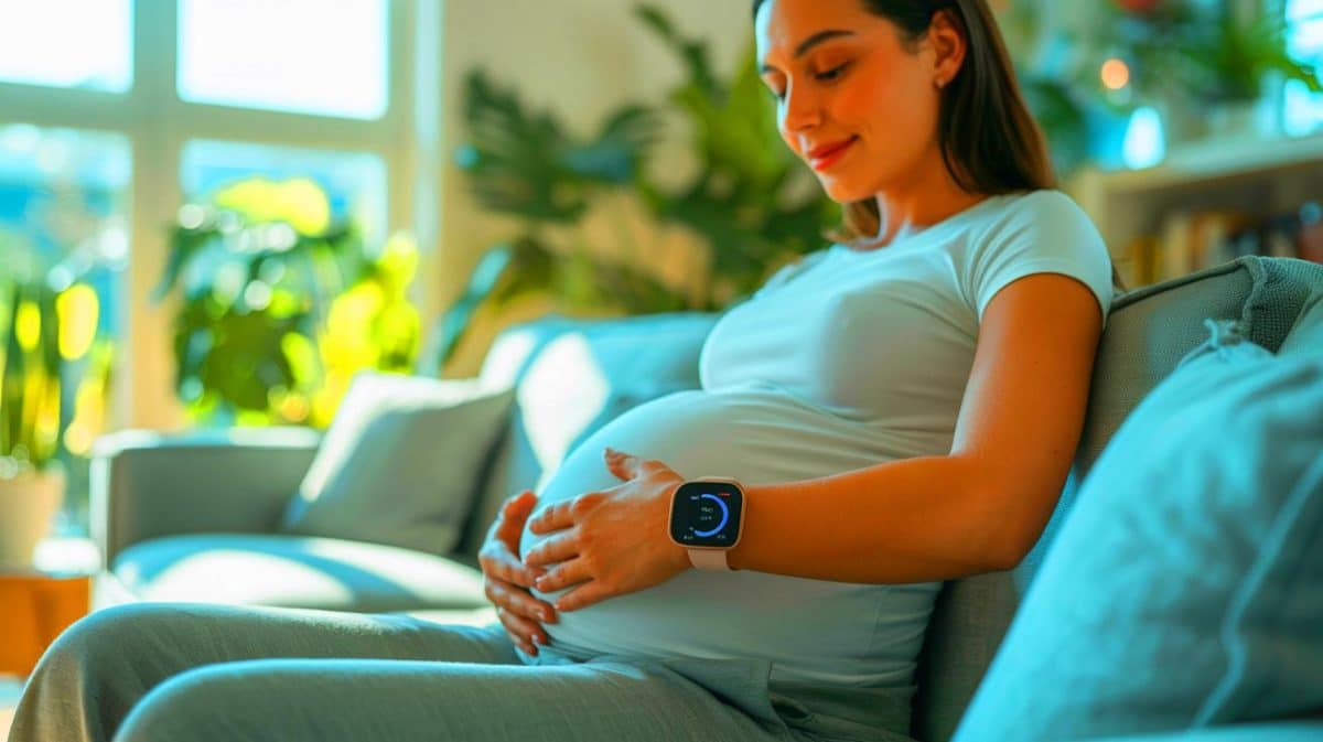 Illustration von der Nutzung von Wearables zur Überwachung der Schwangerschaftsgesundheit.