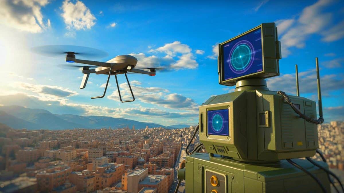 Illustration von der Erkennung feindlicher Drohnen mit KI-gestützter Militärtechnologie.