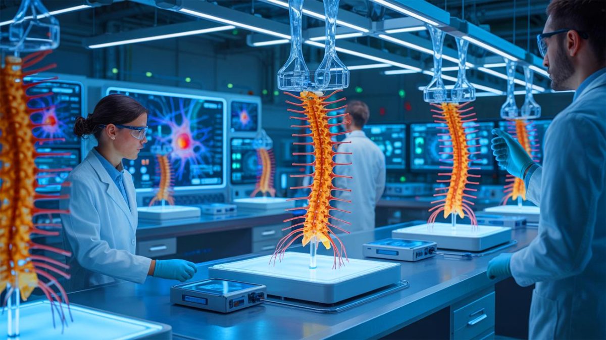 Illustration von der Kombination aus 3D-Drucktechnologie und Stammzellforschung für die Behandlung von Rückenmarksverletzungen.