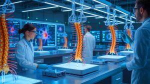 Illustration von der Kombination aus 3D-Drucktechnologie und Stammzellforschung für die Behandlung von Rückenmarksverletzungen.