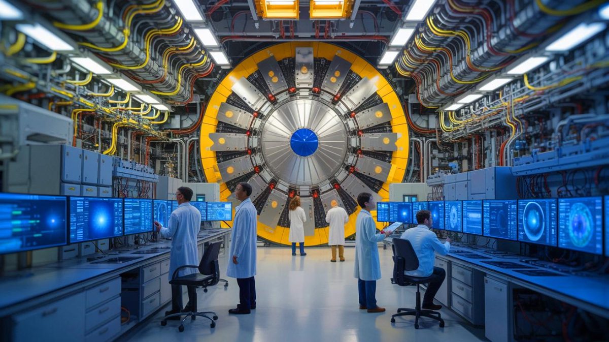 Illustration von der Untersuchung des frühen Universums durch den sPHENIX-Detektor am Brookhaven National Laboratory.