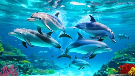 Illustration von Hector-Delfinen bei der Unterwasserakrobatik und ihrer Gefährdung durch Fischereigeräte.