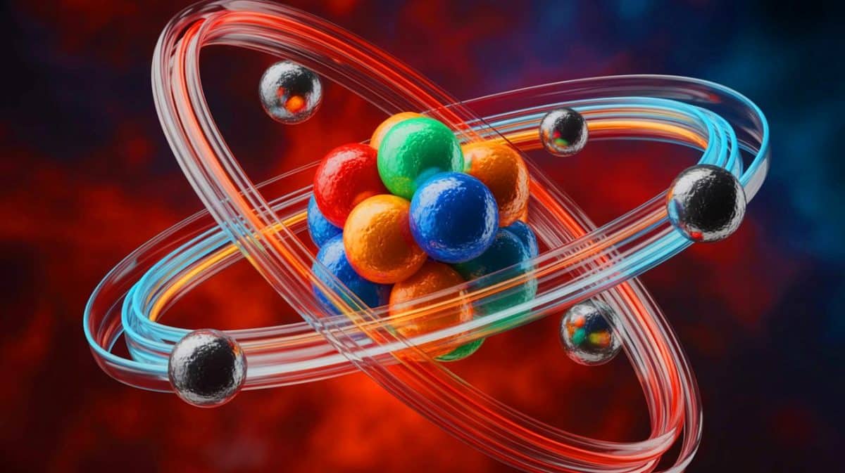 Illustration von Elektronen, die das Innere eines Atomkerns erforschen.