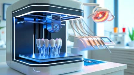 Illustration von der schnellen Herstellung von Zahnkronen mittels 3D-Drucktechnologie.