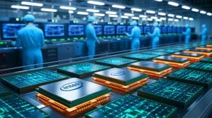 Illustration von der Einführung der Intel Panther Lake und Xeon 6+ Chips in der Halbleitertechnologie.