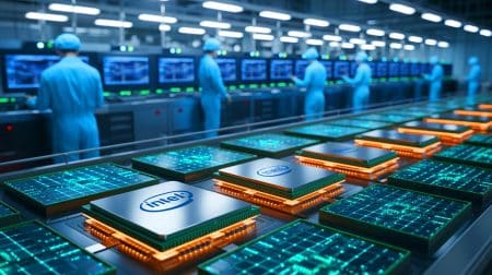 Illustration von der Einführung der Intel Panther Lake und Xeon 6+ Chips in der Halbleitertechnologie.