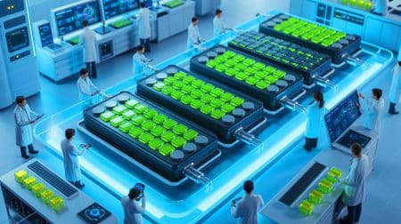 Illustration von der Nutzung künstlicher Intelligenz zur Entwicklung von Niedertemperatur-Elektrolyten für Lithium-Ionen-Batterien.